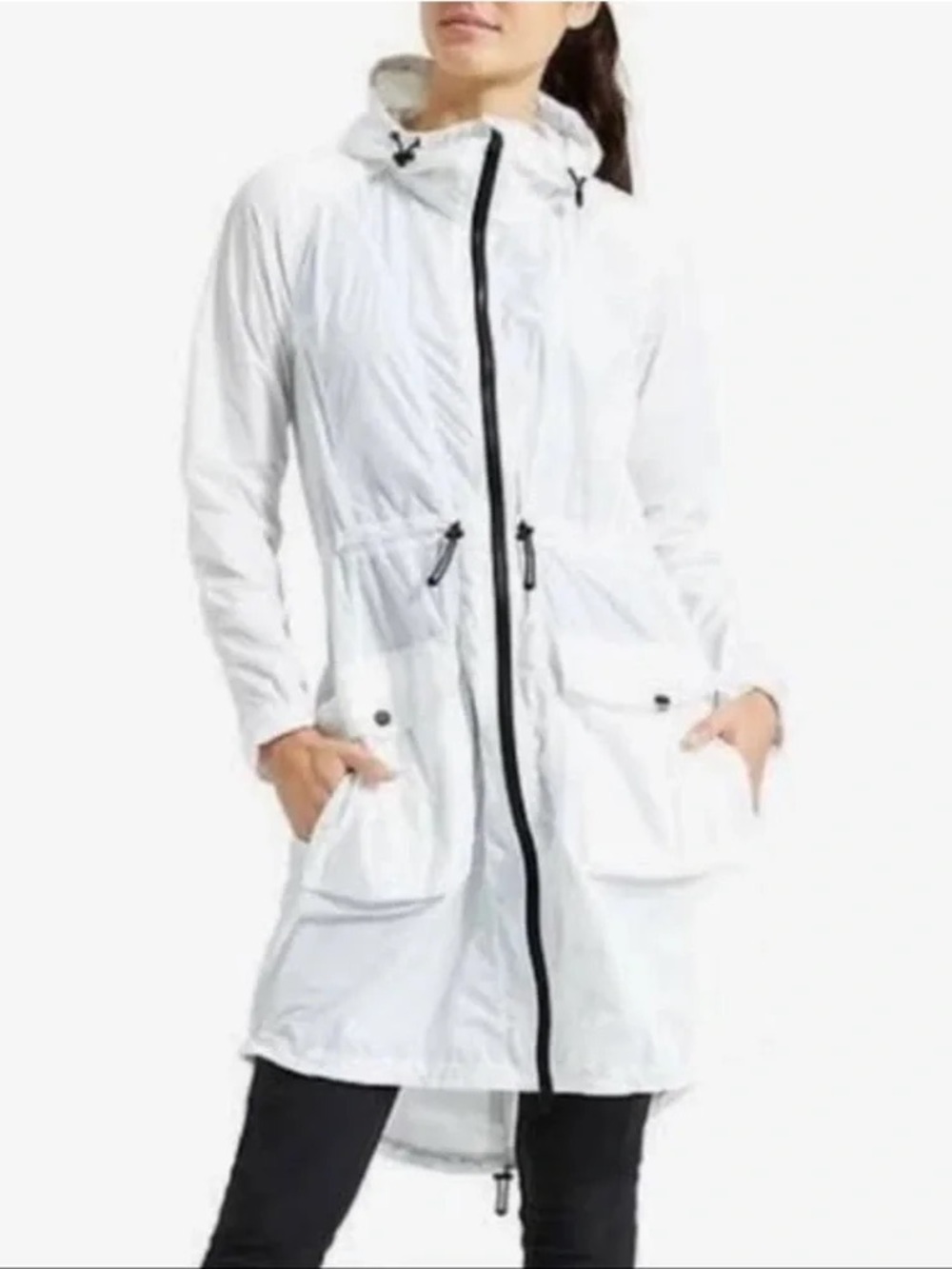 Athleta White Hooded Trench Coat with Black Zip